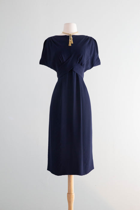 Elegant 1950's Navy Blue Silk Dress By Adele Simpson / Medium