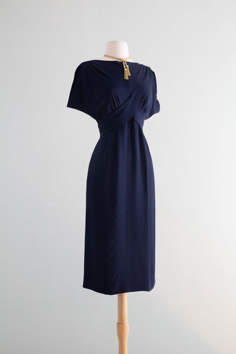 Elegant 1950's Navy Blue Silk Dress By Adele Simpson / Medium