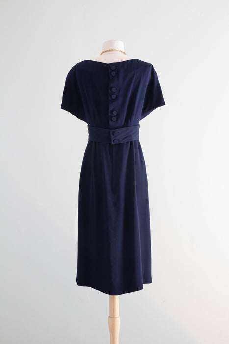 Elegant 1950's Navy Blue Silk Dress By Adele Simpson / Medium