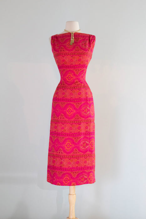 Glamourous 1950s Suzy Perette Magenta & Orange Silk Cocktail Dress /SM