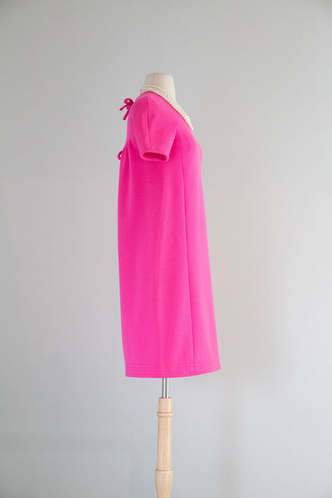 Fabulous 1960's Shocking Pink Knit Shift Dress With Bows In Back / SM