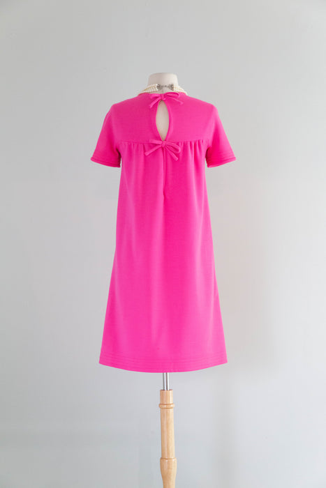 Fabulous 1960's Shocking Pink Knit Shift Dress With Bows In Back / SM