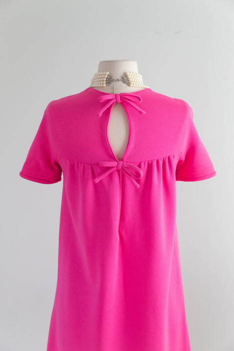 Fabulous 1960's Shocking Pink Knit Shift Dress With Bows In Back / SM