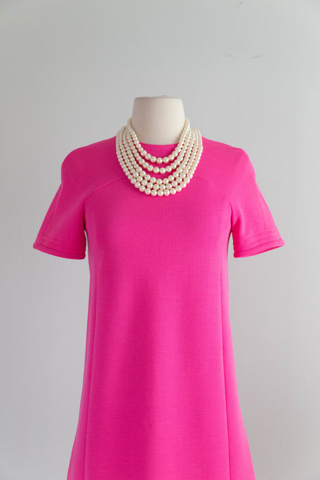 Fabulous 1960's Shocking Pink Knit Shift Dress With Bows In Back / SM