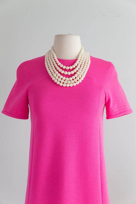Fabulous 1960's Shocking Pink Knit Shift Dress With Bows In Back / SM