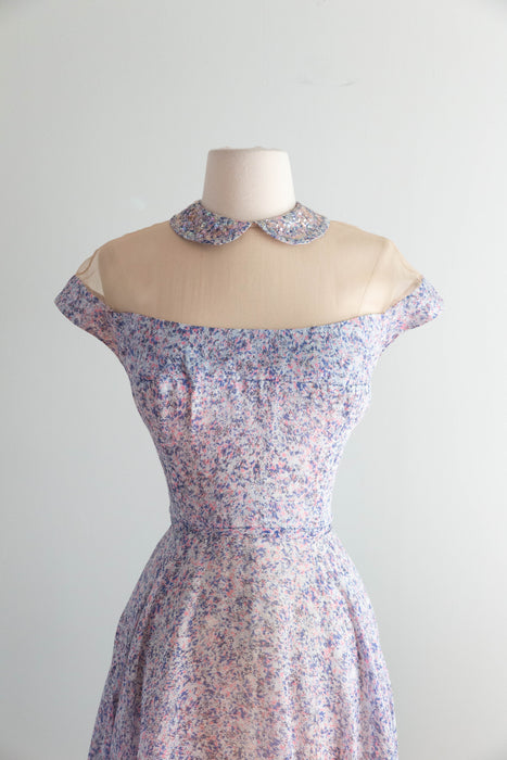 Impressionist 1950's Peggy Hunt Illusion Bodice Cotton Cocktail Dress / SM