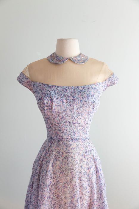 Impressionist 1950's Peggy Hunt Illusion Bodice Cotton Cocktail Dress / SM