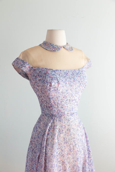 Impressionist 1950's Peggy Hunt Illusion Bodice Cotton Cocktail Dress / SM