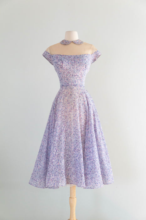 Impressionist 1950's Peggy Hunt Illusion Bodice Cotton Cocktail Dress / SM