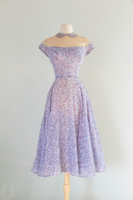 Impressionist 1950's Peggy Hunt Illusion Bodice Cotton Cocktail Dress / SM