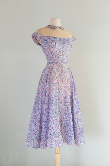 Impressionist 1950's Peggy Hunt Illusion Bodice Cotton Cocktail Dress / SM