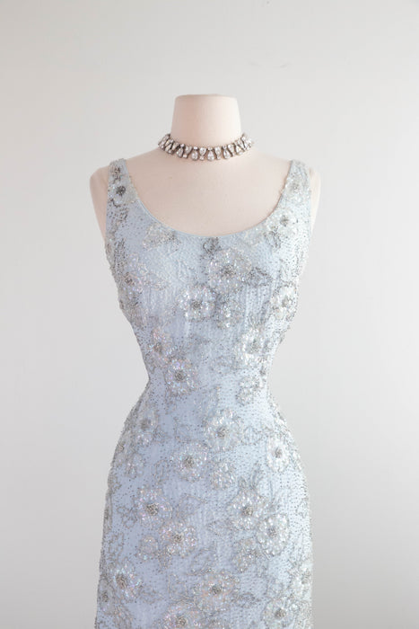 Glamorous Early 1960's Mirror Blue Hand Beaded Evening Dress By Irene Sargent / SM