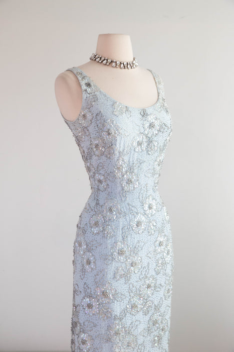 Glamorous Early 1960's Mirror Blue Hand Beaded Evening Dress By Irene Sargent / SM