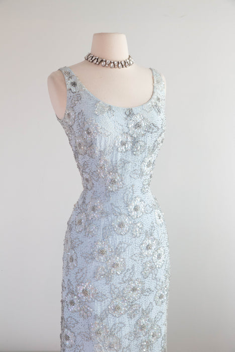 Glamorous Early 1960's Mirror Blue Hand Beaded Evening Dress By Irene Sargent / SM