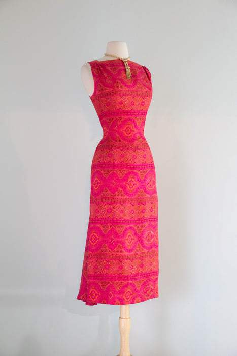 Glamourous 1950s Suzy Perette Magenta & Orange Silk Cocktail Dress /SM