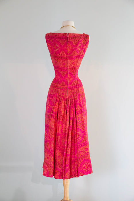 Glamourous 1950s Suzy Perette Magenta & Orange Silk Cocktail Dress /SM