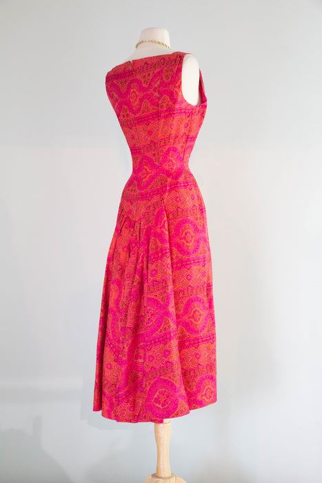 Glamourous 1950s Suzy Perette Magenta & Orange Silk Cocktail Dress /SM