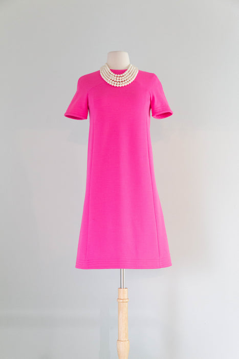 Fabulous 1960's Shocking Pink Knit Shift Dress With Bows In Back / SM