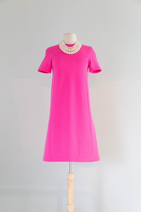 Fabulous 1960's Shocking Pink Knit Shift Dress With Bows In Back / SM