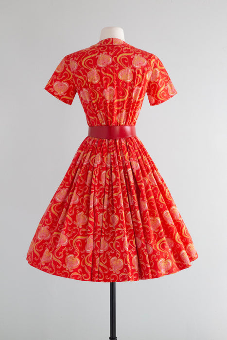Adorable 1950's Red Cotton Day Dress With Love Hearts / Medium
