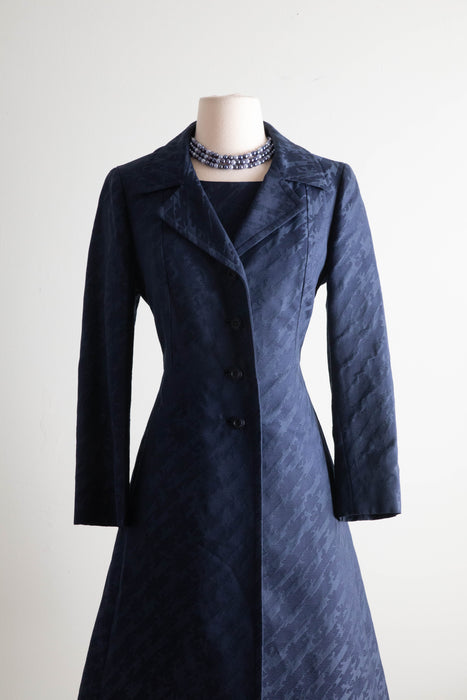 Fabulous 1960's MAX MARA Navy Blue Silk Brocade Dress & Coat Set / Medium