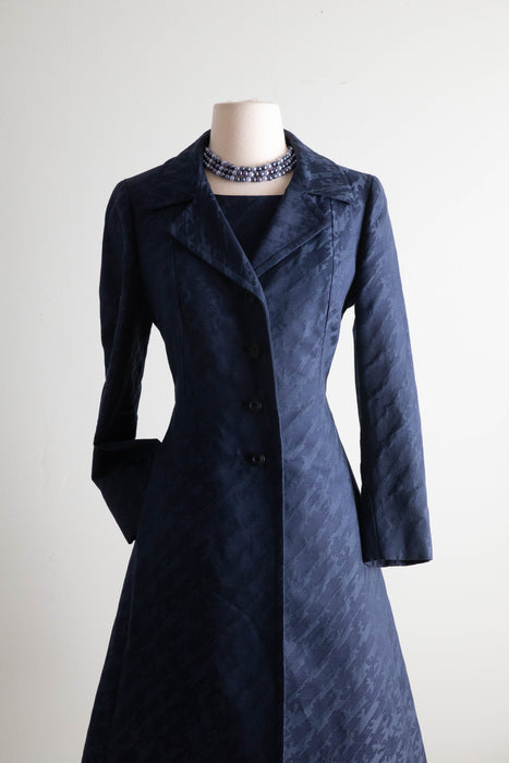 Fabulous 1960's MAX MARA Navy Blue Silk Brocade Dress & Coat Set / Medium