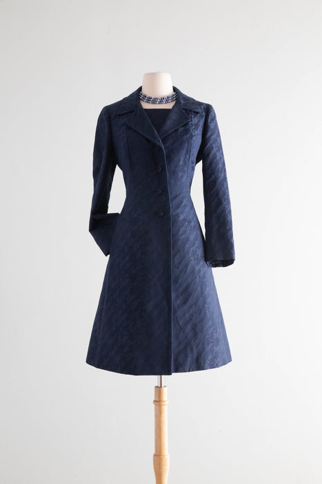 Fabulous 1960's MAX MARA Navy Blue Silk Brocade Dress & Coat Set / Medium