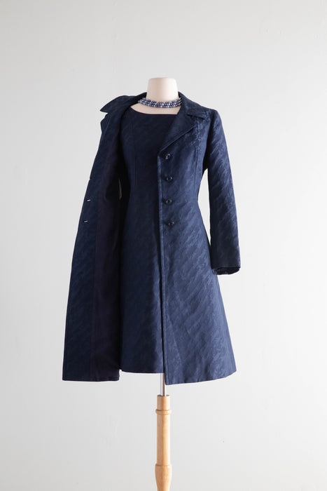 Fabulous 1960's MAX MARA Navy Blue Silk Brocade Dress & Coat Set / Medium