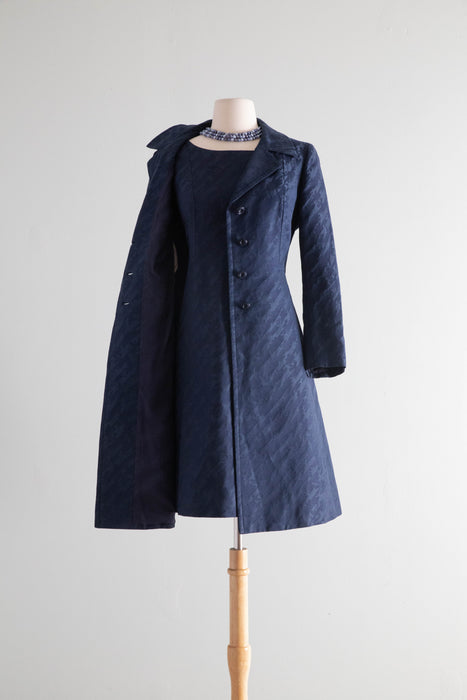 Fabulous 1960's MAX MARA Navy Blue Silk Brocade Dress & Coat Set / Medium