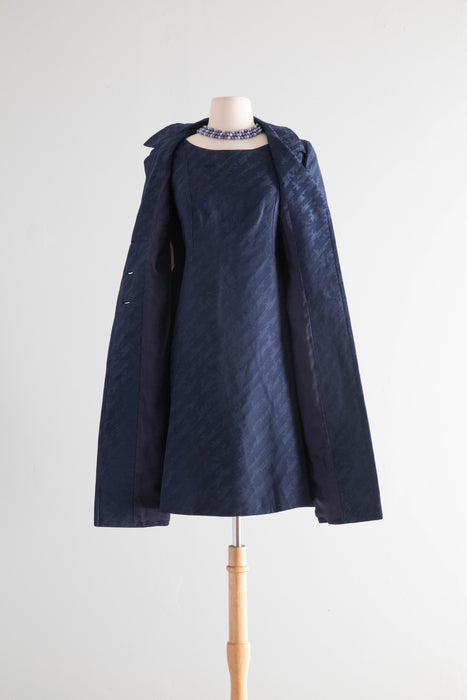 Fabulous 1960's MAX MARA Navy Blue Silk Brocade Dress & Coat Set / Medium