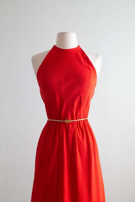 Iconic 1970's Halston Red Silk Bias Cut Halter Neck Dress / Small