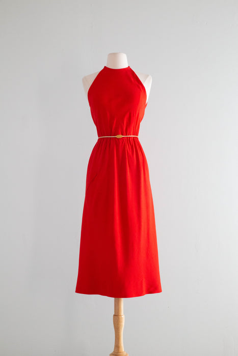 Iconic 1970's Halston Red Silk Bias Cut Halter Neck Dress / Small