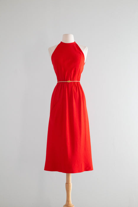 Iconic 1970's Halston Red Silk Bias Cut Halter Neck Dress / Small