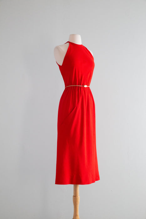 Iconic 1970's Halston Red Silk Bias Cut Halter Neck Dress / Small