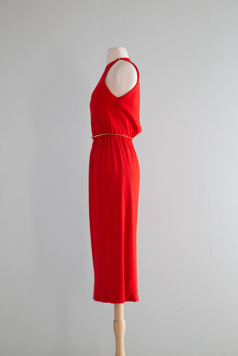 Iconic 1970's Halston Red Silk Bias Cut Halter Neck Dress / Small