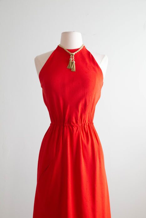 Iconic 1970's Halston Red Silk Bias Cut Halter Neck Dress / Small