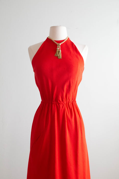 Iconic 1970's Halston Red Silk Bias Cut Halter Neck Dress / Small Xtabay Vintage Iconic 1970's Halston Red Silk Bias Cut Halter Neck Dress / Small Xtabay Vintage