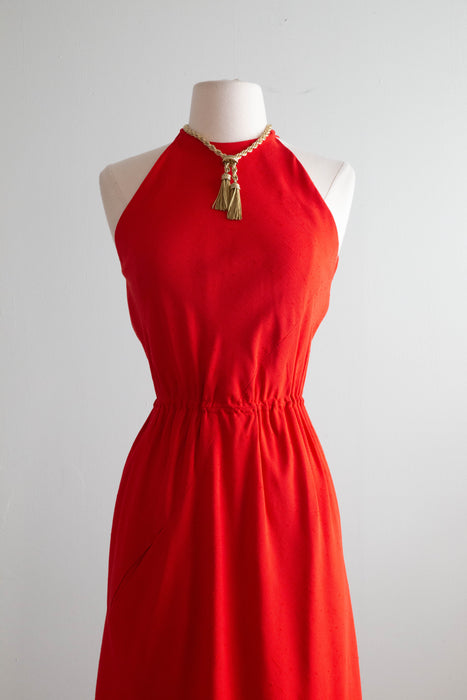 Iconic 1970's Halston Red Silk Bias Cut Halter Neck Dress / Small