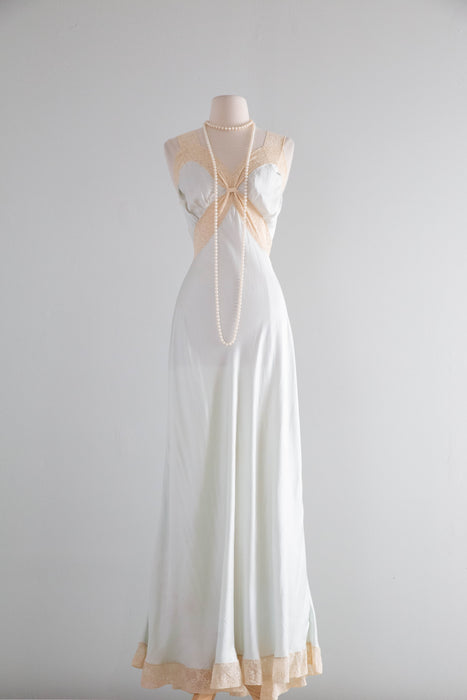 Heavenly 1930's Pale Blue Silk Bias Cut Nightgown With Lace Trim / ML