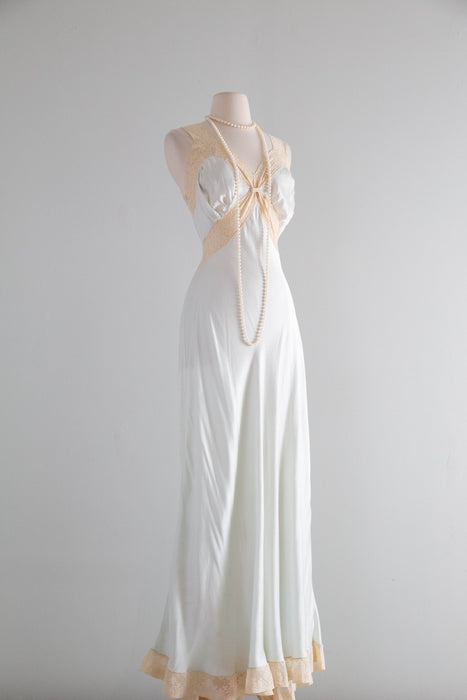 Heavenly 1930's Pale Blue Silk Bias Cut Nightgown With Lace Trim / ML