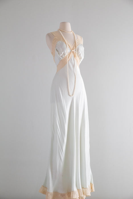 Heavenly 1930's Pale Blue Silk Bias Cut Nightgown With Lace Trim / ML