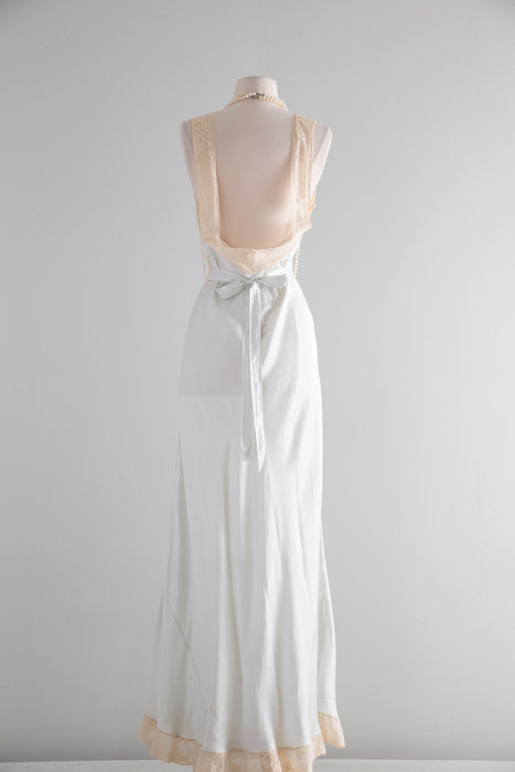 Heavenly 1930's Pale Blue Silk Bias Cut Nightgown With Lace Trim / ML