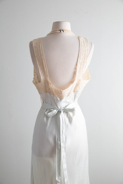 Heavenly 1930's Pale Blue Silk Bias Cut Nightgown With Lace Trim / ML