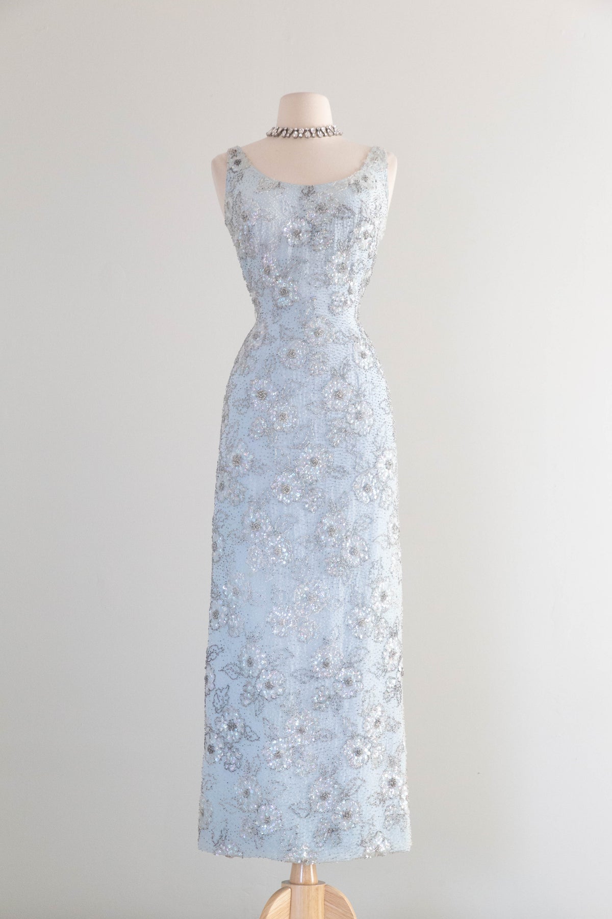 blue 1960s dress Glamorous Early 1960's Mirror Hand Beaded Evening By Irene Sargent / SM Head size:L/XL - 23 7/8 in - 60.6 cm The knee Birthday Dress Sequins Party Zipper-up