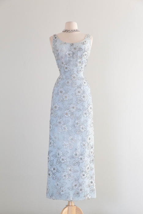 Glamorous Early 1960's Mirror Blue Hand Beaded Evening Dress By Irene Xtabay Vintage Glamorous Early 1960's Mirror Blue Hand Beaded Evening Dress By Irene Xtabay Vintage