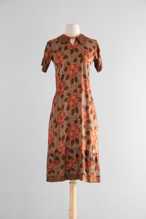 Rare 1920’s Silk Crepe Autumn Floral Print Day Dress / S