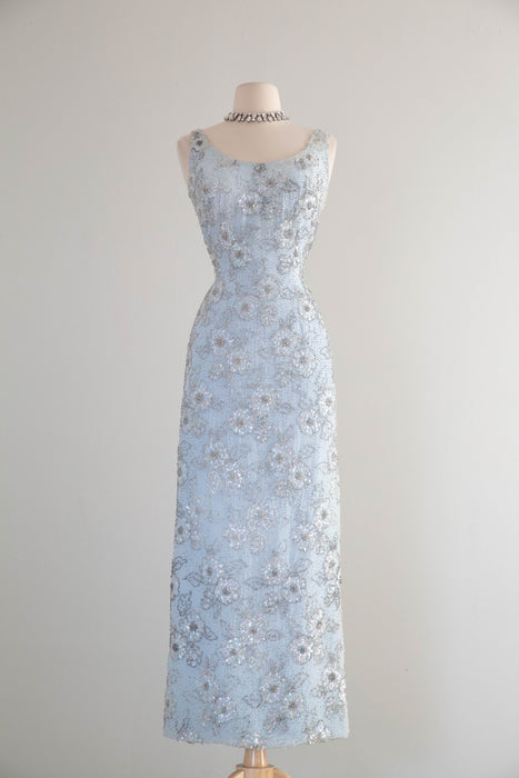 Glamorous Early 1960's Mirror Blue Hand Beaded Evening Dress By Irene Sargent / SM