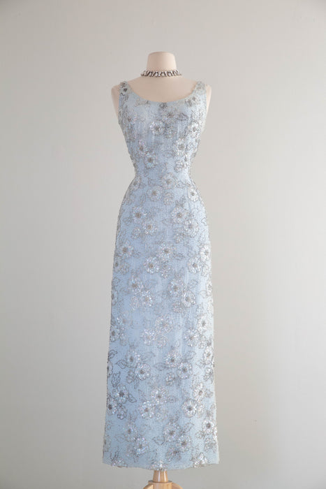 Glamorous Early 1960's Mirror Blue Hand Beaded Evening Dress By Irene Xtabay Vintage Glamorous Early 1960's Mirror Blue Hand Beaded Evening Dress By Irene Xtabay Vintage