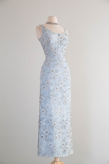 Glamorous Early 1960's Mirror Blue Hand Beaded Evening Dress By Irene Sargent / SM
