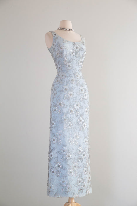 Glamorous Early 1960's Mirror Blue Hand Beaded Evening Dress By Irene – Xtabay Vintage